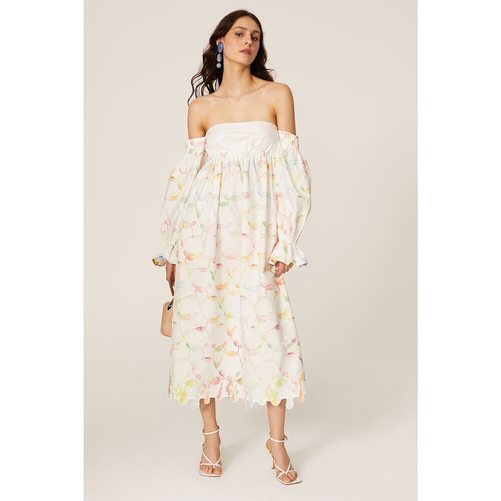 Rosie Assoulin Strapless Cotton Maxi Dress Watercolor Print Bell Sleeve Size 4